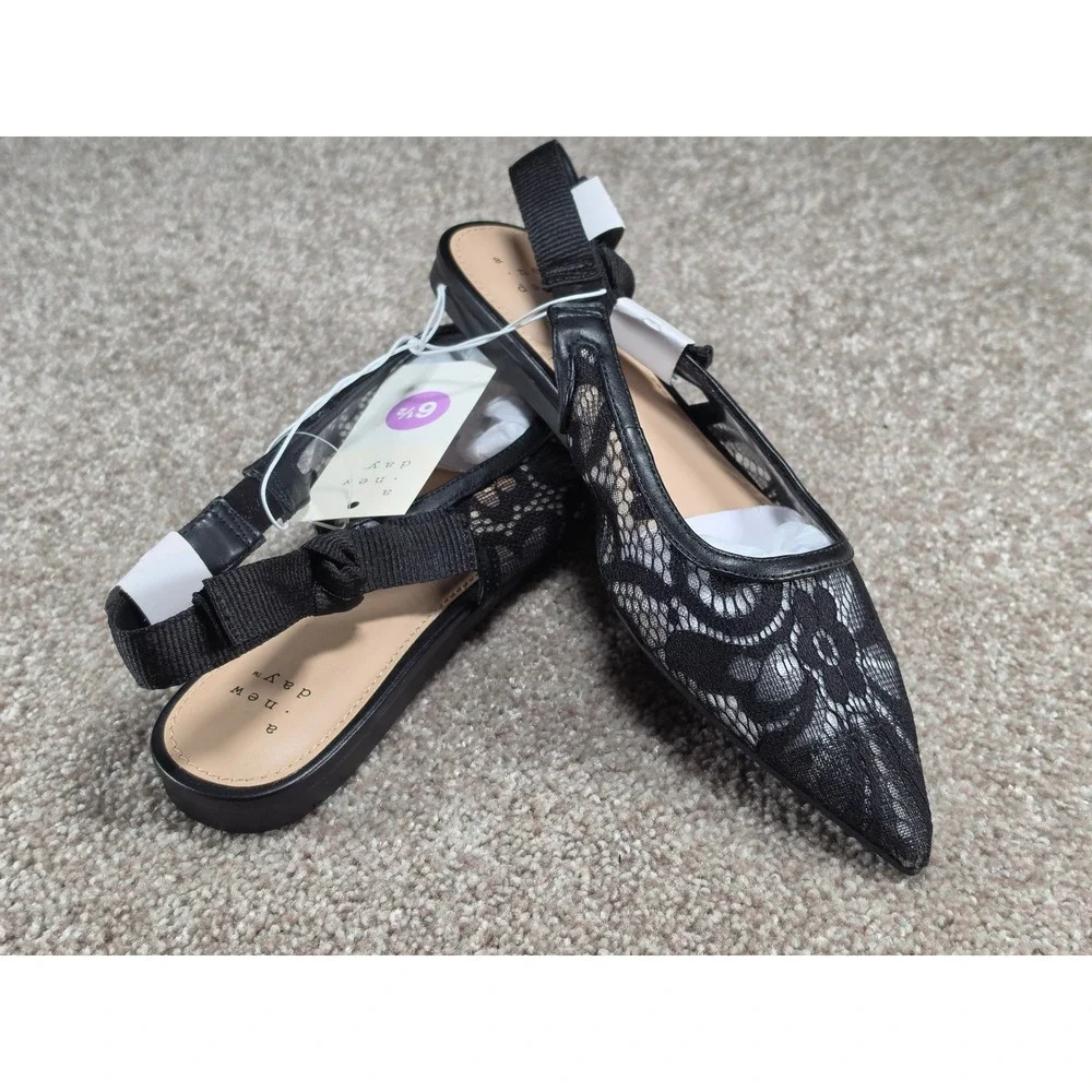 A New Day London Black Floral Lace Slingback Pointed Toe Flats Shoes 6.5